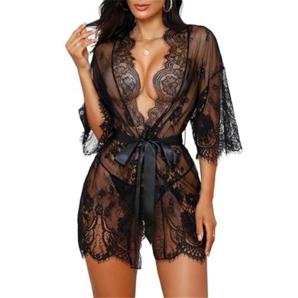 Sexy Lingerie for Women Lace Kimono Robe Mesh Chemise Nightgown Lace Robe XS-3XL